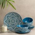 Bzyoo Premium 12-Piece Ceramic Dinnerware Set: Unique La La Mandala Blue Design Setting for Every Occasion - Microwave & Dishwasher Safe