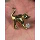 Vintage Gold Tone Kitten Cat Playing With A Small Diamanté Studded Little Ball Lapel Pin Badge Brooch