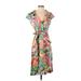 Billabong Casual Dress - A-Line V-Neck Short sleeves: Green Floral Dresses - Women's Size Small