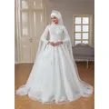 Robe de Rhde mariage élégante en tulle blanc col haut manches longues paillettes brodées