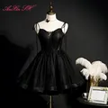 AnXin SH-Robe de soirée courte en dentelle noire tenue de princesse luxueuse avec bretelles