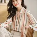 Chemisier à Rayures et Manches sulfpour Femme Chemise Vintage Slim Élégant Mode Coréenne
