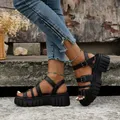 Sandales à Semelle Compensée en Cuir PU pour Femme Chaussures Romaines Antidérapantes Grande