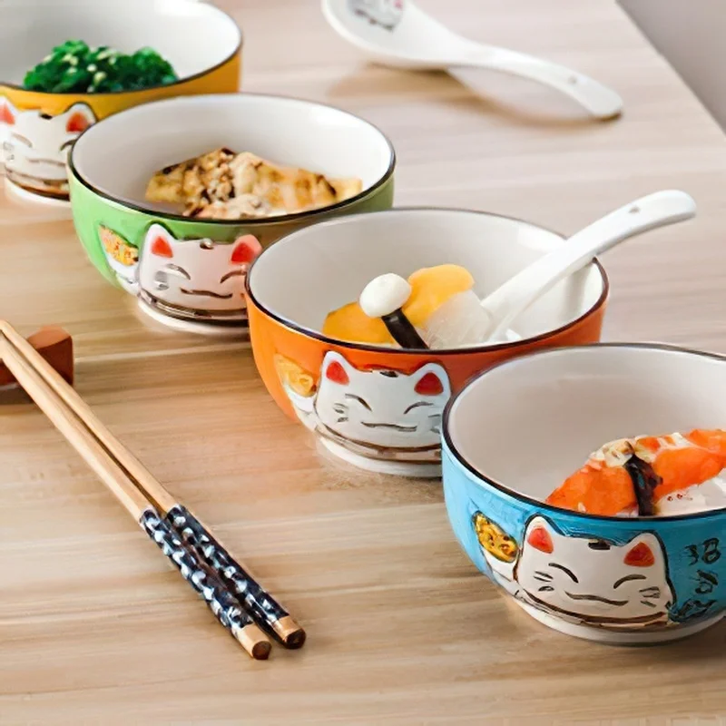 Lucky Cat Round Ceramic Bowl Restaurant Household Bone China Salad Bowl Noodle Soup Tableware Ramen Vegetable