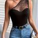 1 Shoulder Heart Print Mesh Top, Sexy Sleeveless Asymmetrical Top, Women's Clothing