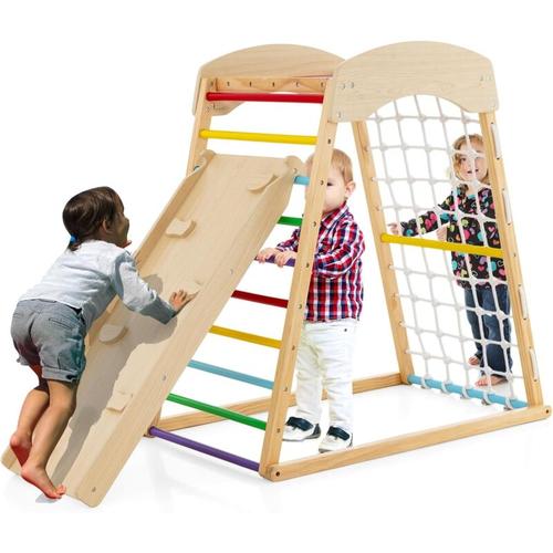 Costway - 6 en 1 Triangle d'escalade en Bois Enfants avec Rampe Double Face, Aire de Jeu d'Escalade