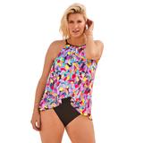 Plus Size Women's High Neck Mesh Flyaway One Piece Swimsuit by Swimsuits For All in Wild Neon Floral (Size 16)