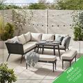 Seychelles 9 Seater Outdoor Garden Sofa Set - PE Rattan & Wood Effect Garden Sofa & Table - 5 Seater Corner Sofa, 2 benches, Garden Table - Boho Garde