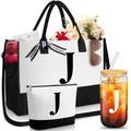 Aliceset Initial Gifts for Women Personalized Totes Canvas Tote Bag Monogram Makeup Bag Glass Cup Adjustable Strap, Letter J