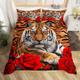 LANSHAN Red Single Duvet Cover Tiger Bedding Microfibre Duvet Cover Set with Zipper Closure Soft Cosy Quilt Cover 200 x 200 cm and 2 Pillow Cases 50 x 75 cm