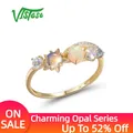 VISTOSO Genuine 14K 585 Yellow Gold Ring For Women Sparkling Opal Blue Moonstone Topaz Diamond Ring