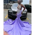 Lavender Purple Mermaid Prom Dress vestidos para mujer Sparkly Crystal Sheer Mesh African Celebrity