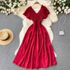 Yuoomuoo Luxus Französisch rot schwarz Maxi Party kleid elegante V-Ausschnitt Flare Ärmel große Swing A-Linie Sommerkleid für Frauen Robe Femme