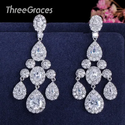 ThreeGraces Luxus Braut CZ Schmuck Brilliant Zirkonia Kristall Lange Schlenker Hochzeit Kronleuchter