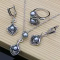 Horn Blume Silber 925 Braut Schmuck Sets Schwarz Perle Zirkon Für Frauen Hochzeit Anhänger Tropfen