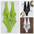 Sexy Knotted Deep V Backless Monokini One Piece Swimsuit Women Swimwear Female Padded High Cut