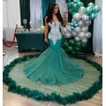 Green Feather Women Long Black Girls Prom Dresses Sexy Sheer Top Luxury Diamond Mermaid Prom Gowns