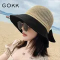 COKK-chapeaux d'été pour femmes chapeau de plage coréen tricoté respirant et pliable avec nœud