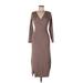 ASTR The Label Casual Dress - Sweater Dress V Neck 3/4 sleeves: Brown Print Dresses - Women's Size Large