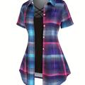 Plus Size Casual Outfits 2 Piece Set, Women's Plus Plaid Turn Down Collar High Waist Short Sleeve Bandana Hem Medium Stretch T-shirt & Criss Cross Cami Top Outfits 2 Piece Set