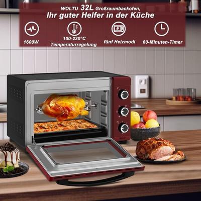 Woltu - Mini Backofen 32 Liter, 1600 Watt Toasterofen Herausnehmbares, 5 Heizmodi, Doppelglastür Image