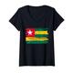 Damen Togolesische Flagge Zeichnung mit Pinsel, Skizze der Karte von Togo T-Shirt mit V-Ausschnitt