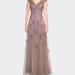 La Femme Short Sleeve Lace Gown with Cascading Embellishments - Brown - 6