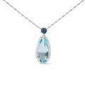 Haus of Brilliance 18K White Gold 3/8 Cttw Pave Set Diamond And Sky Blue Topaz and Blue Sapphire Gemstone Floral Teardrop Halo 18" Pendant Necklace - White - 18