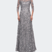La Femme Lace Gown with Full Skirt and Sheer Lace Sleeves - Grey - 8