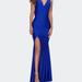 La Femme Sleek Prom Dress with Deep V-Neckline and Tie Back - Blue - 14