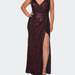 La Femme Sequin Plus Size Gown with Ruching and V-neck - Red - 18W