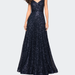 La Femme Sequin Empire Waist Prom Dress with V Back - Blue - 10