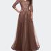 La Femme A-line Tulle Gown with Floral Lace Detail and V-Neck - Brown - 10