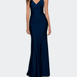 La Femme Fitted Long Jersey Gown with Criss Cross Bodice - Blue - 0