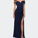 La Femme Off the Shoulder Fully Ruched Floor Length Gown - Blue - 8