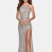 La Femme High Neck Sequin Gown With Open Back And Slit - Grey - 6