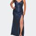 La Femme Metallic Plus Size Dress With Cut Out Open Back - Blue - 24W