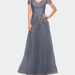 La Femme Lace and Tulle A-line Evening Gown with Cap Sleeve - Grey - 6