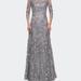 La Femme Lace Gown with Full Skirt and Sheer Lace Sleeves - Grey - 20