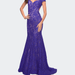 La Femme Lace Mermaid Gown with Cap Sleeves and Open Back - Blue - 14