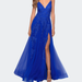 La Femme Tulle Prom Dress with Floral Detail and Side Slit - Blue - 12