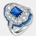 Genevive Sterling Silver White Gold Plated with Radiant and Baguette Colored Cubic Zirconia Cocktail Ring - Sapphire - Blue - 7