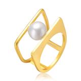 Genevive Genevive Sterling Silver 14k Gold Plated with White Freshwater Pearl Double Band Geometric Square Stacked Ring - Gold - 7