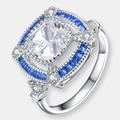Genevive Sterling Silver White Gold Plated with Baguette and Round Colored Cubic Zirconia Modern Ring - Blue - 7