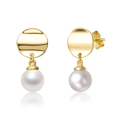 Genevive Sterling Silver 14k Yellow Gold Plated with White Pearl & Gold Medallion Coin Double Drop Dangle Earrings - Gold - 21