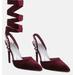 Rag & Co Wallis Burgundy Diamante Embellished Tie Up Stiletto Sandals - Red - US 10