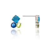 Rivka Friedman Rhodium Three Stone Cluster London Blue + Peridot + Sapphire Crystal Earrings - Blue