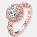 Genevive Sterling Silver Rose Gold Plated Cubic Zirconia Pave Solitaire Ring - Pink - 8