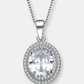 Genevive Sterling Silver Oval Cubic Zirconia Solitaire With Double Halo Necklace - Grey - 18