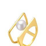 Genevive Genevive Sterling Silver 14k Gold Plated with White Freshwater Pearl Double Band Geometric Square Stacked Ring - Gold - 6